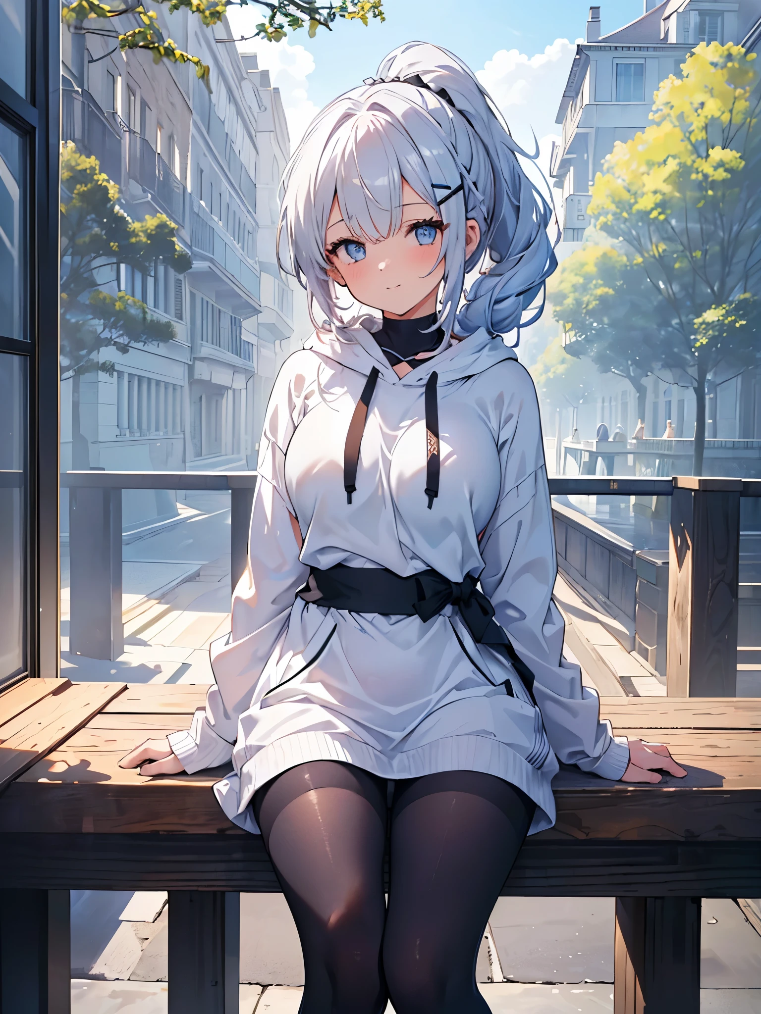  one girl , Curly Ponytail, smile,  blue eyes , Wear a white hoodie, (terrace）, (（morning）), masterpiece, 8k,  Full Photo, The perfect outfit,  perfect anatomy, Sharp resolution,  shallow depth of field ,  Soft Shadow ,  casual and relaxed atmosphere , Natural light pours in, Hair clip, Beautiful breasts、Black tights、20 years old