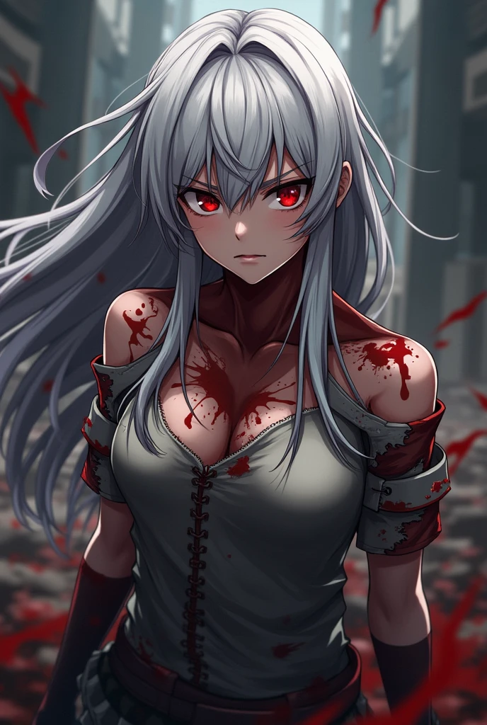 Madaraki_Fran,Young woman ,(Screams),hand in front ,White robe ,a lot of blood,((BLOODY STRIKE)), long hair ,Blood magic , conjures , blood , yellow hair,stitches on the face , Scars on the body ,blood stains on clothes , blood spatter , face covered in blood , hair in blood,(((VILLAIN))) , a lot of blood , blood on my hand , ultraviolence