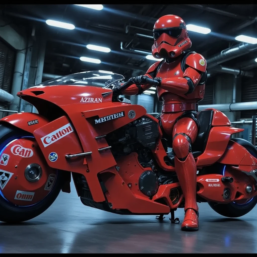 A Stormtrooper riding Akira's motorcycle in a dynamic and intense scene, showcasing a futuristic cityscape background, with dramatic lighting and motion blur to emphasize speed and action, anime style, cinematic composition,Akira Bike,high resolution,masterpiece,high quality,masterpiece,high quality, (Photorealsitic:1.4),Raw photo,(super realistic details),portlate,Shadow,Beautiful Skin,detailed face and eyes,Akira Bike Red,cycling,The background is a tunnel drawn by stretching blue hologram lines through a black cyber space:2.0