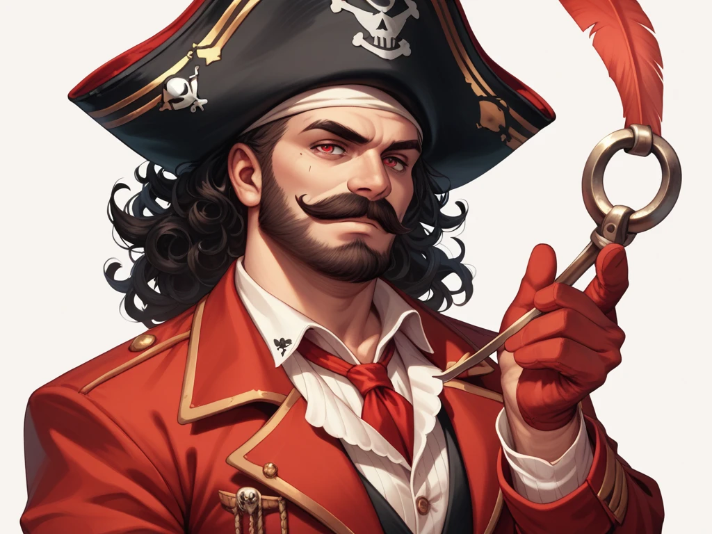 Captain Hook, pirate, red suit hat with big feather, Left Hook Hand ,  seductive and very intellectual villain,  dark black curly hair , mustache and beard,Chunky body seducing with red eyes full of lust 