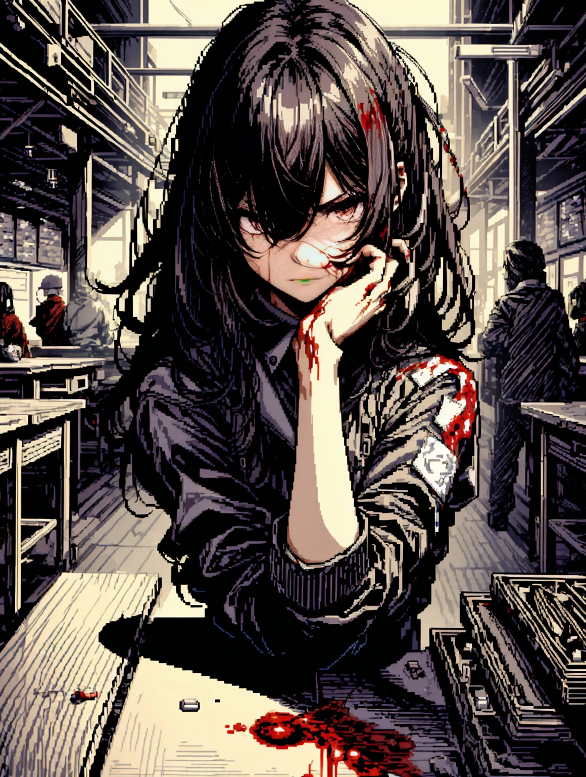 v5lcn , Ink art ,( best quality ,table top:1.2),,( line art _anime),, style Dark ink ,1 girl in,Dark haired,shadow on the face、8 k,permission,girl,blood spatter、 dark tint 、 red tint 、 anime girl, beautiful, very cute,  looks at me angrily ,  has scars on her face , and a little bit of blood ,  so does her kare hair. lots of dark tones ,  at the end pixelate  ,  as if it were painted by an inept pixel art artist