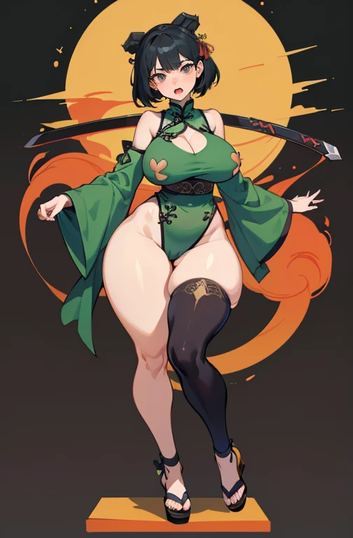 Angry, scream, Open mouth, young girl, Pullover, whole body to see, (( very wide hips)), (((colossal Thighs, gigantic thighs, very huge thighs, very big thighs))), fullbody, very Big breast, , firm breast, thigt body suit, black hair, holding sword, sleveless, shoulderless, ((qipao)), open crotch, Jian Sword, chinese, ((slanted eyes)), asían girl, green cloth, standing, front pose, chinese style hair, (( nipple pasties)), c string, pale skin, ((fullbody)), geta sandals, geta high heels,