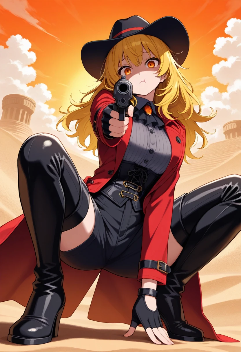 newest, aesthetic, 1girl, (yandere:1.3), solo, orange eyes, breast, yellow hair, long hair, head tilt, short hair, messy hair, red trench coat mixed with black accent pattern, fingerless gloves, black gloves, layered outfit, corset, thigh high boots, big cowgirl hat, fedora hat, hat, holding two gun, dual pistol, pointing both gun at viewer, pointing at viewer, dynamic pose, elegant looking pose, pout, squatting, Sahara desert, sphinx stone on the background, sunset, sand storm, dense cloud, amazing, high detailed, masterpiece, best quality, 4K