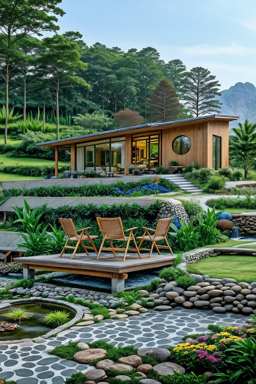 Raw photo,Masterpiece, high quality, best quality, authentic, super detail, exterior, outdoor, This image features a tranquil, natural setting with a modern cabin situated on a grassy hill overlooking a calm pond. The cabin has a rustic yet contemporary design with a metal roof, large windows, and a circular window that adds character to its facade. Surrounding the cabin are lush green trees, creating a secluded and serene atmosphere. In the foreground, a gently flowing stream is bordered by rocks and tall grass, adding to the peaceful environment. “A quiet setting consisting of a modern single-storey house, flat roof and large windows, perched atop a grassy hill. The building has a rustic, natural look with red brick walls and characteristic circular windows. In front there is a small wooden deck with a few folding chairs arranged in a circle, surrounded by tall grass and large rocks. The deck stretches across a quiet, reflective pond, adding a sense of tranquility and natural beauty. The sky is partly cloudy, with soft diffused lighting enhancing the serene atmosphere of this outdoor setting.”(sunset:1.2) (lightnight:1.2) vivid colour, (realistic:1.2),(rain:2.3)