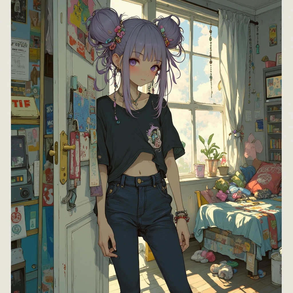 A captivating illustration of a young woman with unique lavender hair standing by an open doorway. She wears a casual black t-shirt and dark jeans, displaying a subtle smile that hints at her playful personality. The room behind her is filled with nostalgic items, such as vintage posters, a retro bed adorned with colorful pillows, and a window with dangling beads. Sunlight streams in, casting a warm and inviting glow that enhances the retro ambiance of the space, making it feel like a sanctuary of memories and self-expression.