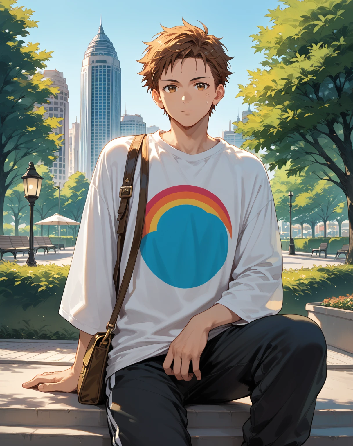 core_9,score_8_up,score_7_up,),score_9,score_8_up,score_7_up, {{anime, cowboy shot, source_anime, outdoors, city, park, colorful, vibrant, looking at viewer, solo, sitting on ledge}} male, mikoshiba mikoto, sweatpants, oversized shirt, satchel.
