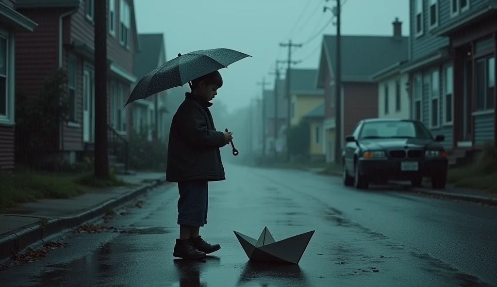 Paris alley, 12 pop album cover, rainy mood with a curly hair boy and à closed umbrella, emotional