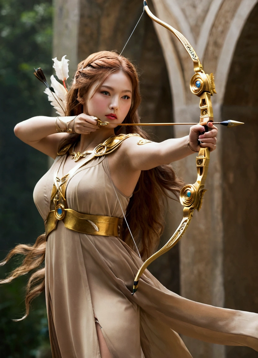 a woman with a bow is holding a bow, Artemisa, greek goddess Artemisa, golden goddess with a bow and arrow, goddess of greek mythology, the goddess are shooting an arrow, Hwang Yeji, Hip-length framing, Hwang Yeji, Goddess with a bow shooting an arrow, shooting an arrow, in bow shooting stance, archer, archer goddess, golden bow, Big bow, archer, archer girl