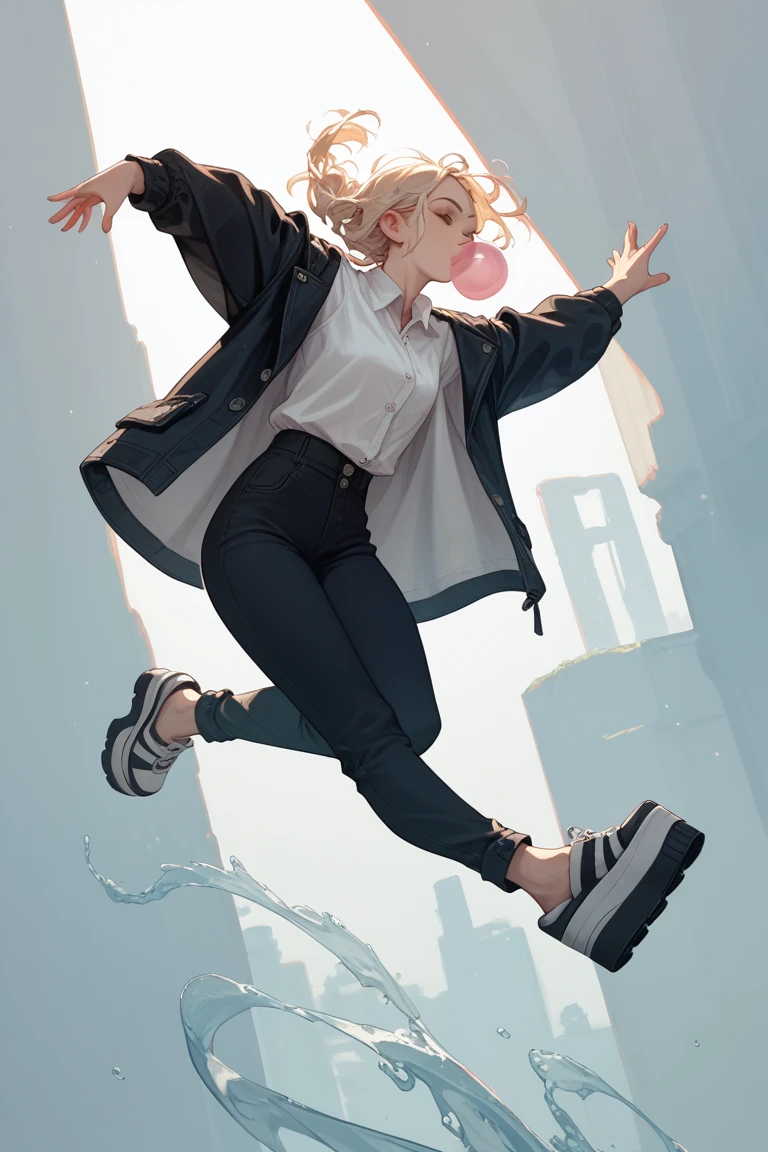 A woman with long blond hair , light skin, legging pants , black jacket and white dress shirt with buttons, platform jumping and bubbling gum