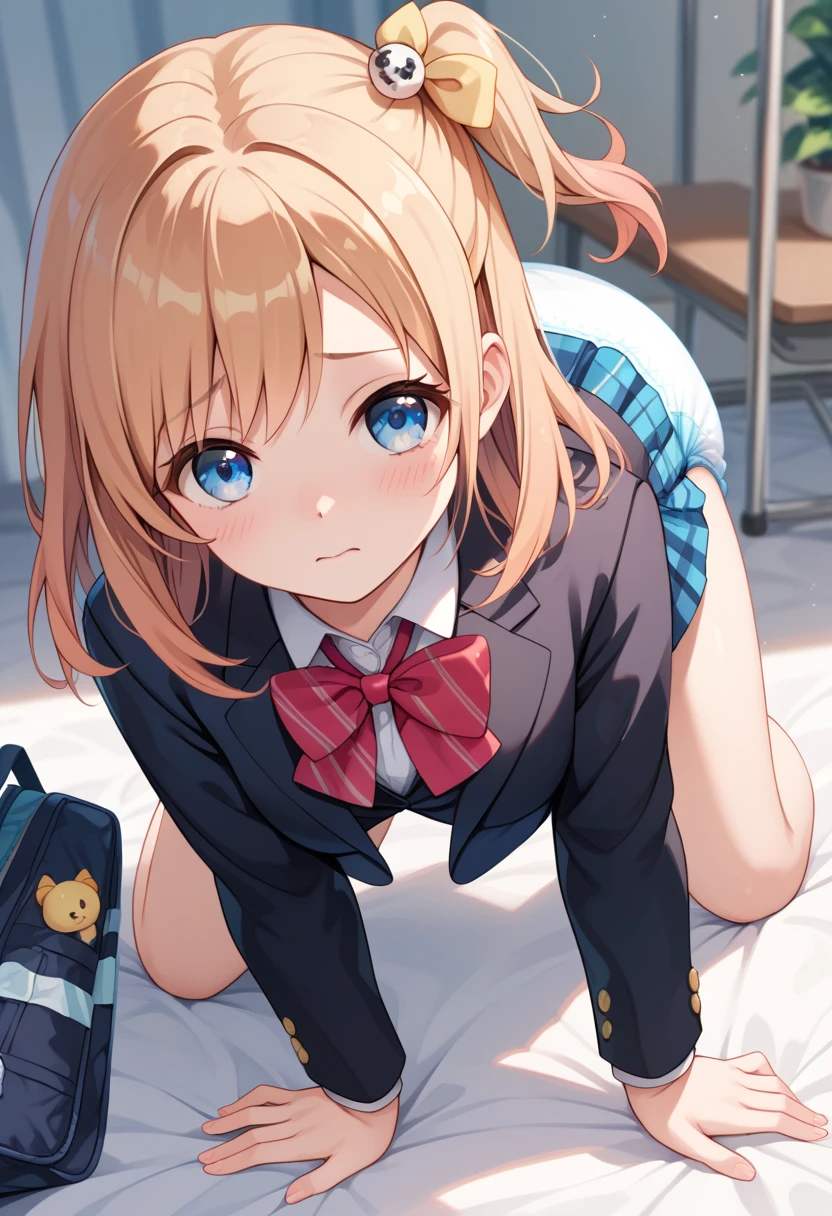 whole body　diaper　 skirt flip 　 is on all fours　 Shy 　lovelive_honoka　school uniform, black blazer, blue plaid skirt,  One Side Up , yellow hair bow, red bowtie, medium hair, brown hair, blue eyes　 open your crotch　