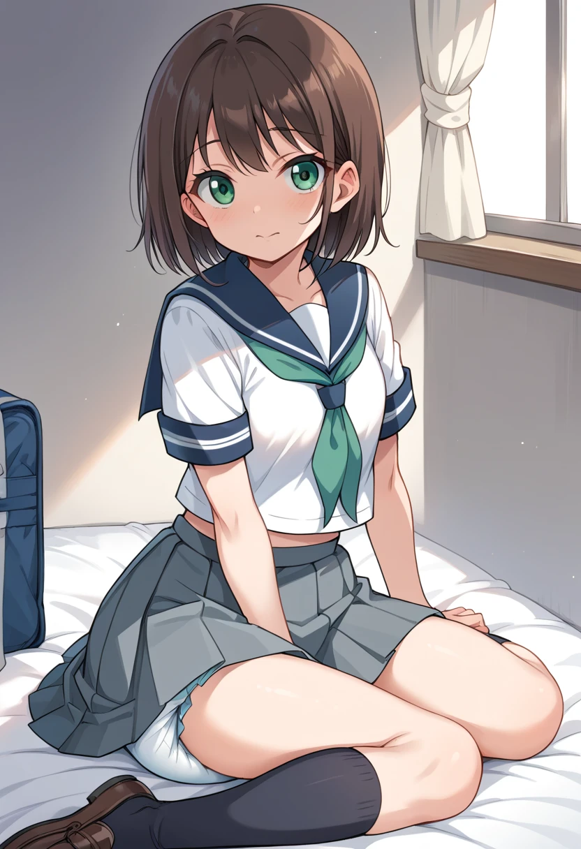 diaper　skirt, school uniform, short sleeves, pleated skirt, serafuku, socks, neckerchief, kneehighs, black socks, green neckerchief, grey skirt, uranohoshi school uniform,