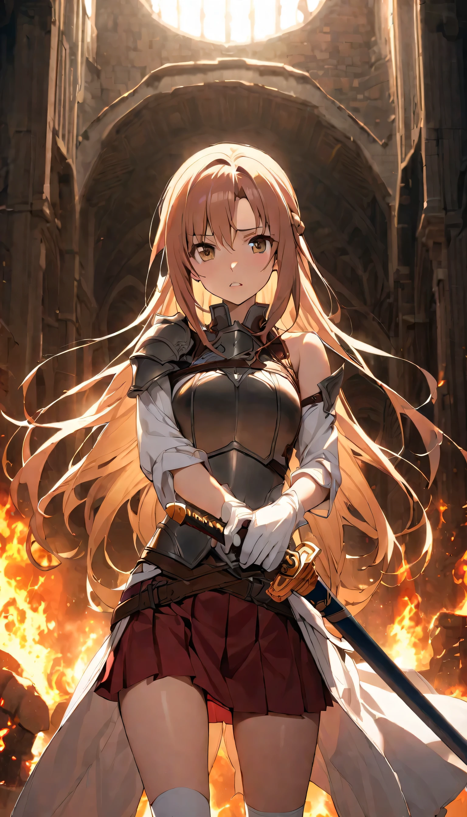 yuuki asuna ,NSFW,masterpiece, Top quality , , 1 girl, arms, sword, Alone of, length_hair, Chest, Keep, Keep_arms, Keep_sword, armor, The brown of_hair, Weaving, Knee socks, only_Shoulder, The brown of_Eye, skirt, sword camera, of_sleeve, sheath, White of_skirt, White of_Knee socks, red of_skirt, separate_Lips, Front hair, shine, fire, Chest, shine_arms, unsheathed, fantasy, skirt, length_sleeve, Gloves, vitality, shine_sword, magic, cowboy_shooting, White of_Gloves, White of_sleeve, Very_length_hair, Standing, Keep_sheath, unsheathing