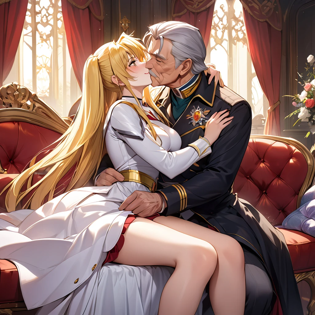 The woman who is the queen of the Kingdom is the beautiful blonde Fate Testarossa, wears a gorgeous and charming dress from the kingdom, pledges absolute loyalty and love to the old man of the great king, supports her husband in public and private as a wife, and they hug and kiss each other on a luxurious sofa、((Best Quality)), ((masterpiece)), ( Details), （ perfect face）,The woman is a Fate Testarossa with excellent proportions and is finished as a woman of the kingdom in her mansion 、The woman is smiling gently