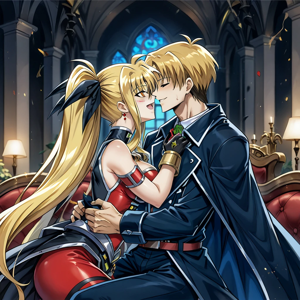 Human blonde woman with blue dress, kissing man, with black elf hair with medieval clothes