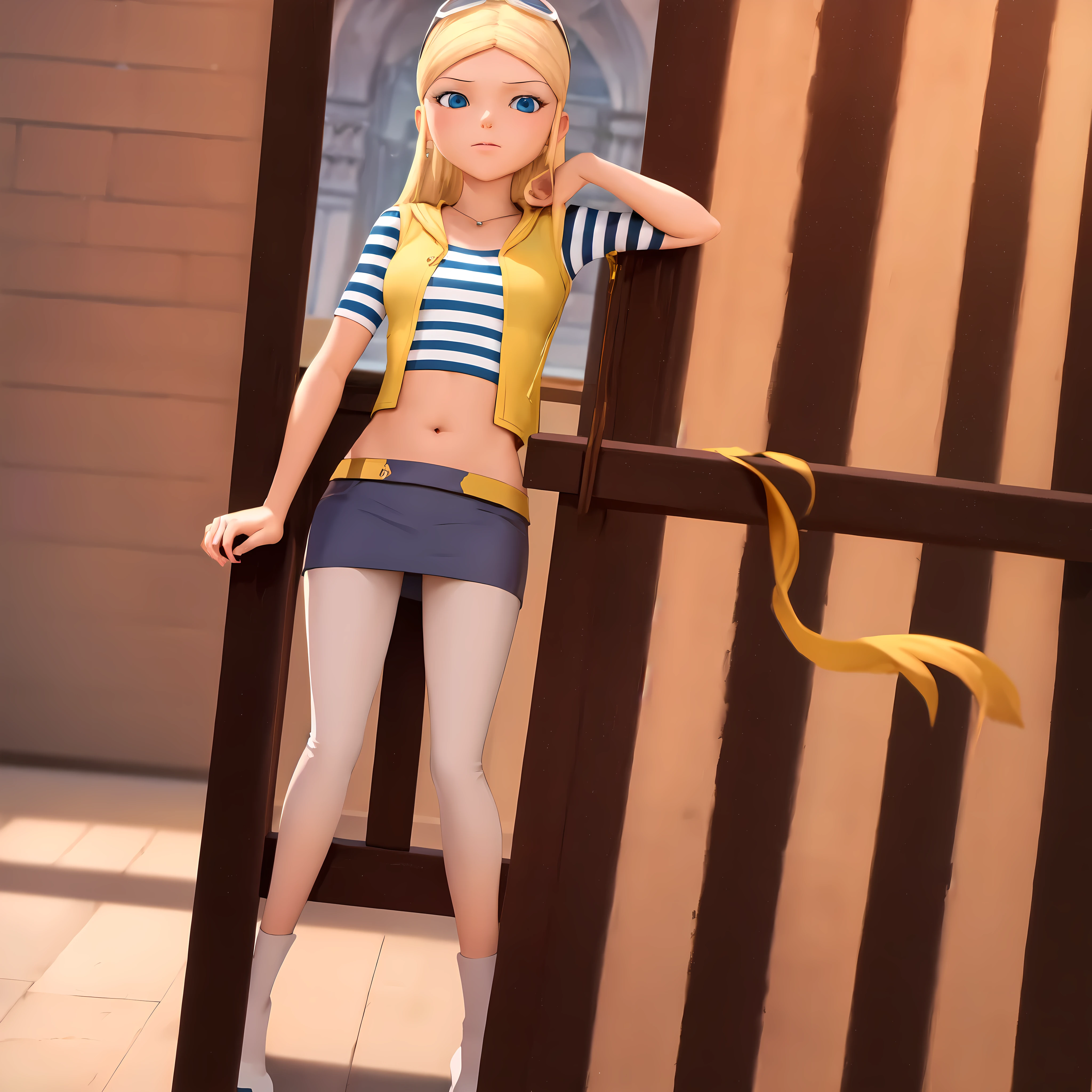 (8k, RAW photo, best quality, masterpiece:1.2), (intricate details), highres, perfect eyes, perfect face, perfect lighting, beautiful, (masterpiece:1.2), (best quality:1.2), 1girl, solo, chloe, blue eyes, blonde, sunglasses on the head, yellow beanie, yellow vest, white miniskirt, black white striped shirt, long yellow socks, navel shirt, seated on a throne, regal, loyalty