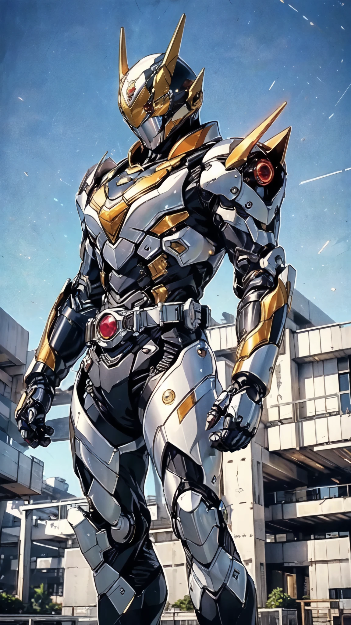 (masterpiece:1.5, best quality:1.5, extremely delicate:1.5), ((male:1.5)), a man wearing a full-face helmet, green eyes, fantasy-style high-tech biomimetic armored combat suit, (a composite layered chest armor), the design balances heavy with agility, fully enclosed shoulder guards, matching arm and leg guards, a belt of gemstone, (the color scheme is primarily Blue and Golden with Red accents, Organic Biotech, Concept Inspired by Kamen Rider, glowing eyes, armor glows, stand of a futuristic sci-fi city), this character embodies a finely crafted fantasy-style armored hero in anime style, exquisite and mature art style, metallic, high definition, highres, ultra-detailed, ultra-fine painting, professional, perfect body proportions, golden ratio, anatomically correct, symmetrical face, extremely detailed eyes and face, high quality eyes, creativity, RAW photo, UHD, 32k, Natural light, cinematic lighting, masterpiece-anatomy-perfect
