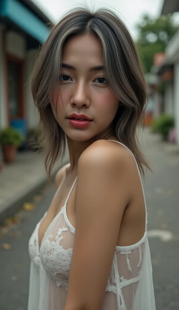 Indonesian Girl, Skinny, High Resolution, Anatomically Correct, High Details, Super Detailed, Textured Skin, UHD, Hasselblad, Symmetry, Perspective, Depth Of Field, Bokeh, Cinematic Lighting, Cinematic, Photorealistic, Small Chest, Perfect Round Breast, Face To Camera, Hot Posing, Best Quality, Full Body, Wearing White Transparant Kebaya, From Side, 35mm, F/1.8, Naughty Face, Shy, Medium Hair, Grey Hair, Messy Hair, 