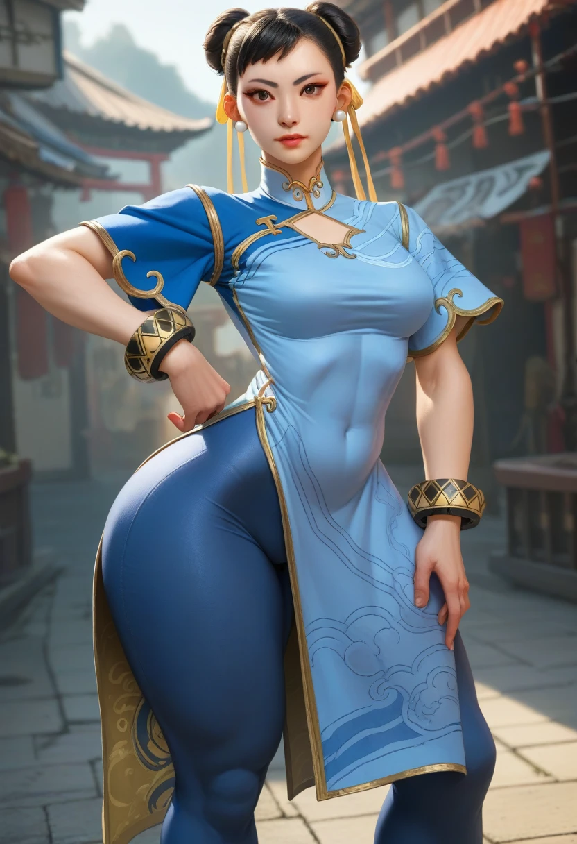 score_9, score_8_up, score_7_up, BREAK, score_9, chunliSDXL, 1girl, solo, breasts,thick thigh, looking at viewer, black hair, dress, brown eyes, jewelry, earrings, pants, hair bun, black footwear, bracelet, double bun, makeup, chinese clothes, china dress,  blue pants, tight, leggings, tight pants, flats, cowboy shot