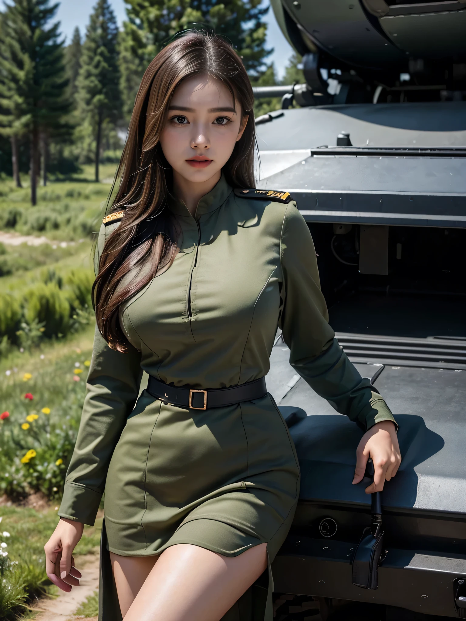8k, highest quality, ultra detailed:1.37), Eliana, ((20 years)), a beautiful Korean girl, ((proudly stands in a Yellow Colour Luxury military uniform)), representing her role as a soldier. She wears a fitted tight Yellow dress. The high-resolution image captures ultra-detailed realism, highlighting Eliana's determined expression, piercing eyes, and confident stance. The backdrop showcases an forest, adding to the authenticity and significance of the image. This visually striking representation showcases Eliana's strength and dedication as a soldier, cute knees, Lake, ((Pine trees)), ((Detailed face)), ((Perfect body figure)), ((Detailed hair)), ((Detailed Dress)), Tanker, Army vehicle, ((S-500 missile launcher)), Missile fired from Launcher, k, Armour vehicles, ((Pink rose flower in Hand)), (( Detailed background)), ((detailed skin)), ((detailed Armour vehicles)), Stylish look, Battlefield, War field, Running, Missile impacted Background, Helicopter, ((((salute to camara man)))), ((((Doing Parede)))), ((((army salute)))),