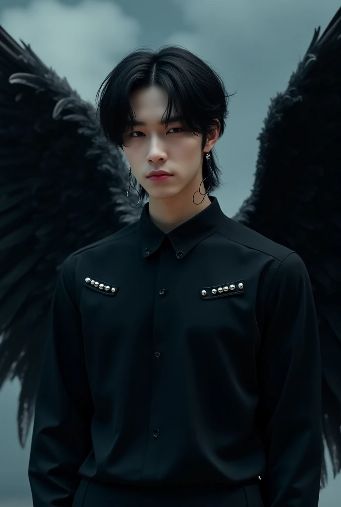 angel boy age 16 shirtless sexy abs plumpy lips, sexiext Nipples with 4 cm diameter ,with a led tattoo at the belly, with 4 big black wings,White skin,hunter eyes, White Gradation silver,Wearing a plain white skirt, In The Night Skies Illuminated by the light of the Moon