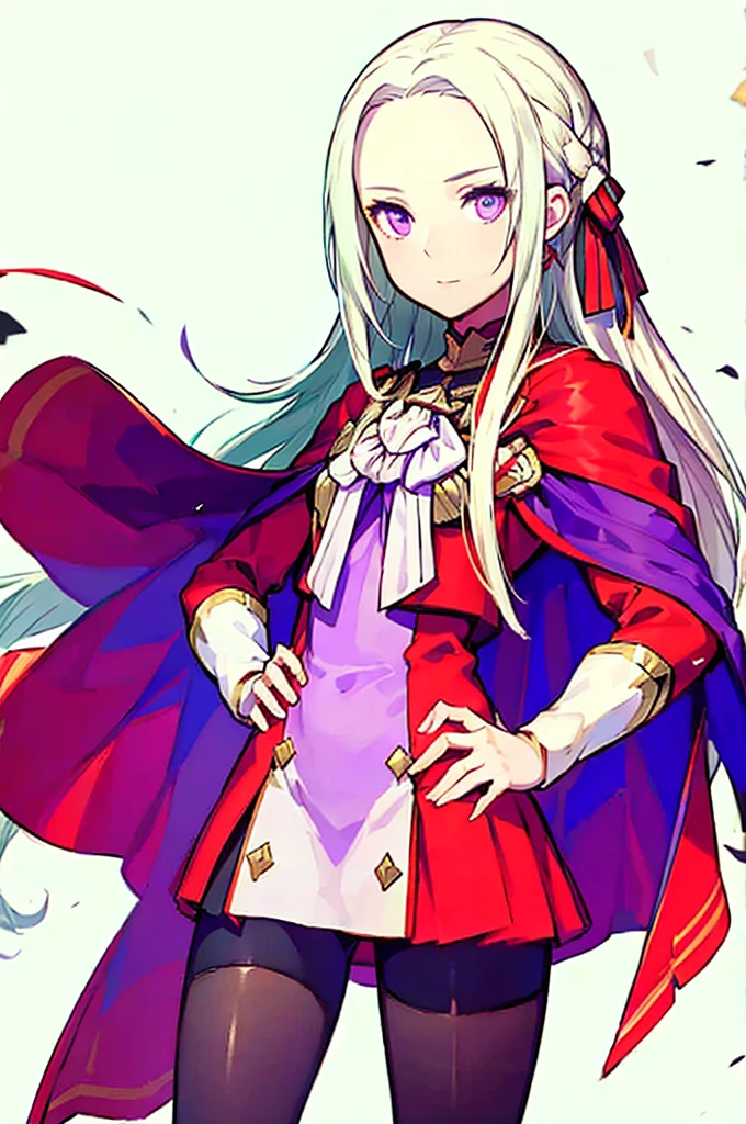 (masterpiece, Best Quality),   intricate detail ,
 1 girl,     Edelgard,  1 girl, Long Hair,  purple eyes, Alone,  watching viewers, Cape,  hair ornament, ribbon, uniform,  simple background,   hands on hips,  is standing, red pantyhose, garreg mach monastery uniform,