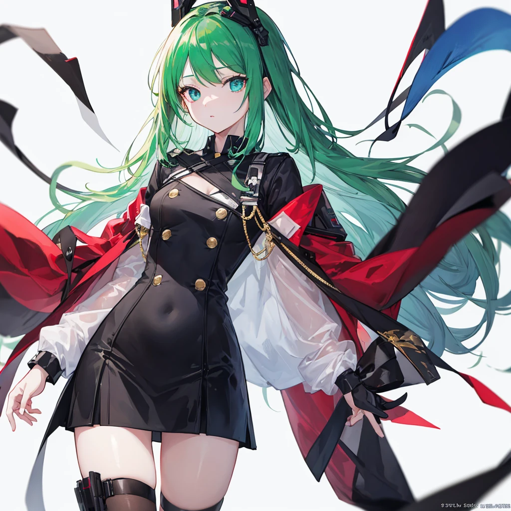 Anime girl in green coat and red skirt walks in front of building, from high detail official artwork, girls frontline CG, girls frontline, official character art, girls frontline style, official art, fine details. Girls Frontline, trending on art station pixiv, smooth anime CG art, evil smile