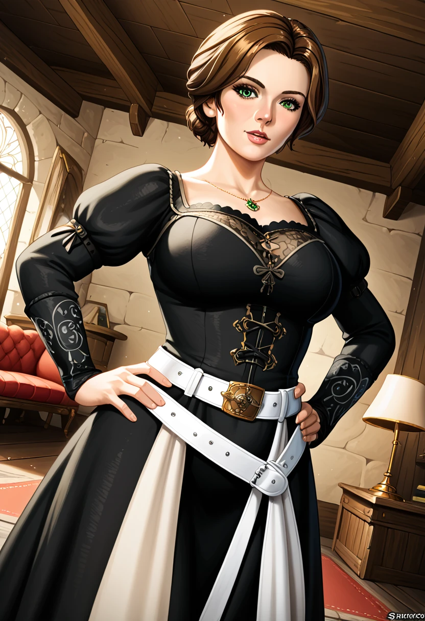 {{upper body, dutch angle}} {{Artist: sincos}} 1girl, mature female, brown hair, short hair, green eyes, black dress, white belt, indoors, living room, standing, hands on hips, pov, medieval fantasy.