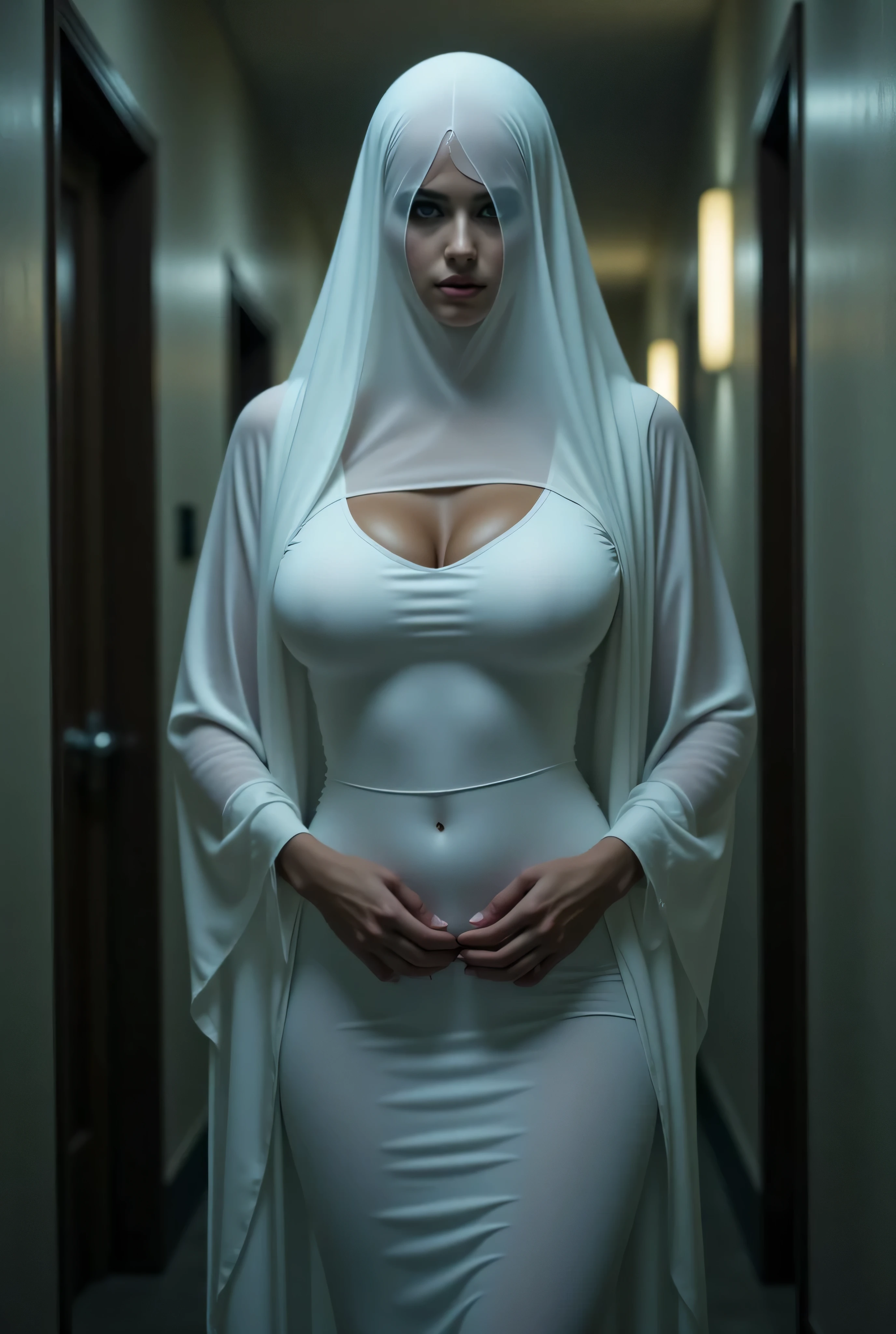 Two skinny 18 year old Latina nuns (white skinned), waist measures 24 inches, bust measures 38 inches and hips measure 40 inches. beautiful face, (perfect skin), wearing fitted tunic