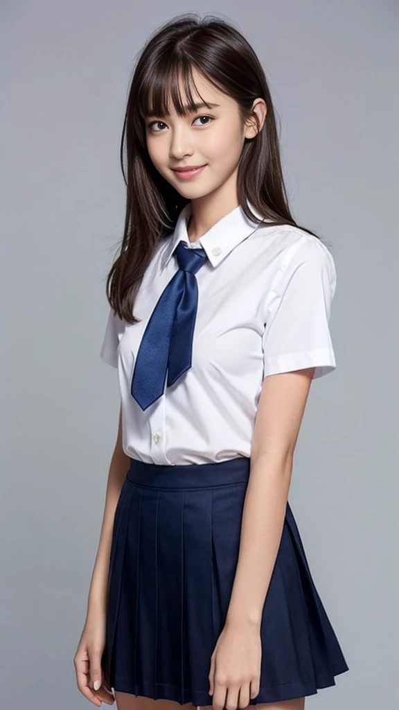 (masterpiece, highest quality:1.2), 8k, 12才のfull nudeの女の子, 85mm,Official AR RAW photo, スーパースリムなスレンダーbeautiful girl, (When I lift up my short navy blue skirt、下Half bodyfull nude、short sleeveの白シャツ、show me your ears、naked girl photoshoot、full nude, cute face, close, Half body, Biolace, gardenia, beautiful girl, school uniform, thighs, short sleeve, stand on the station platform, looking at the viewer, no makeup, (big smile), film grain, chromatic aberration, sharp focus, face light, clear lighting, Ten generations, detailed face, background bokeh, (dark red tie:1.1)、((((((12 year old girl))))))、((((((12才のfull nude女子高生)))))、thin waist
