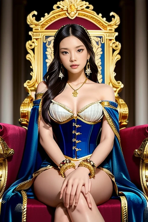 (Best Quality,4K,8K,hight resolution,masutepiece:1.2),Ultra-detailed,(Realistic,Photorealistic,Photorealsitic:1.37), Portraits, Oil Painting, Vibrant colors, hali々and atmosphere, Elegant Queen, Catherine II，Female emperor, Elegant posture, hali々and costumes, Powerful and confident expressions, Beautiful detailed eyes, Beautiful detailed lips, Complex crown, Luxurious throne, 1800，Empress of Tsarist Russia，Historical style of the period of Tsarist Russia，