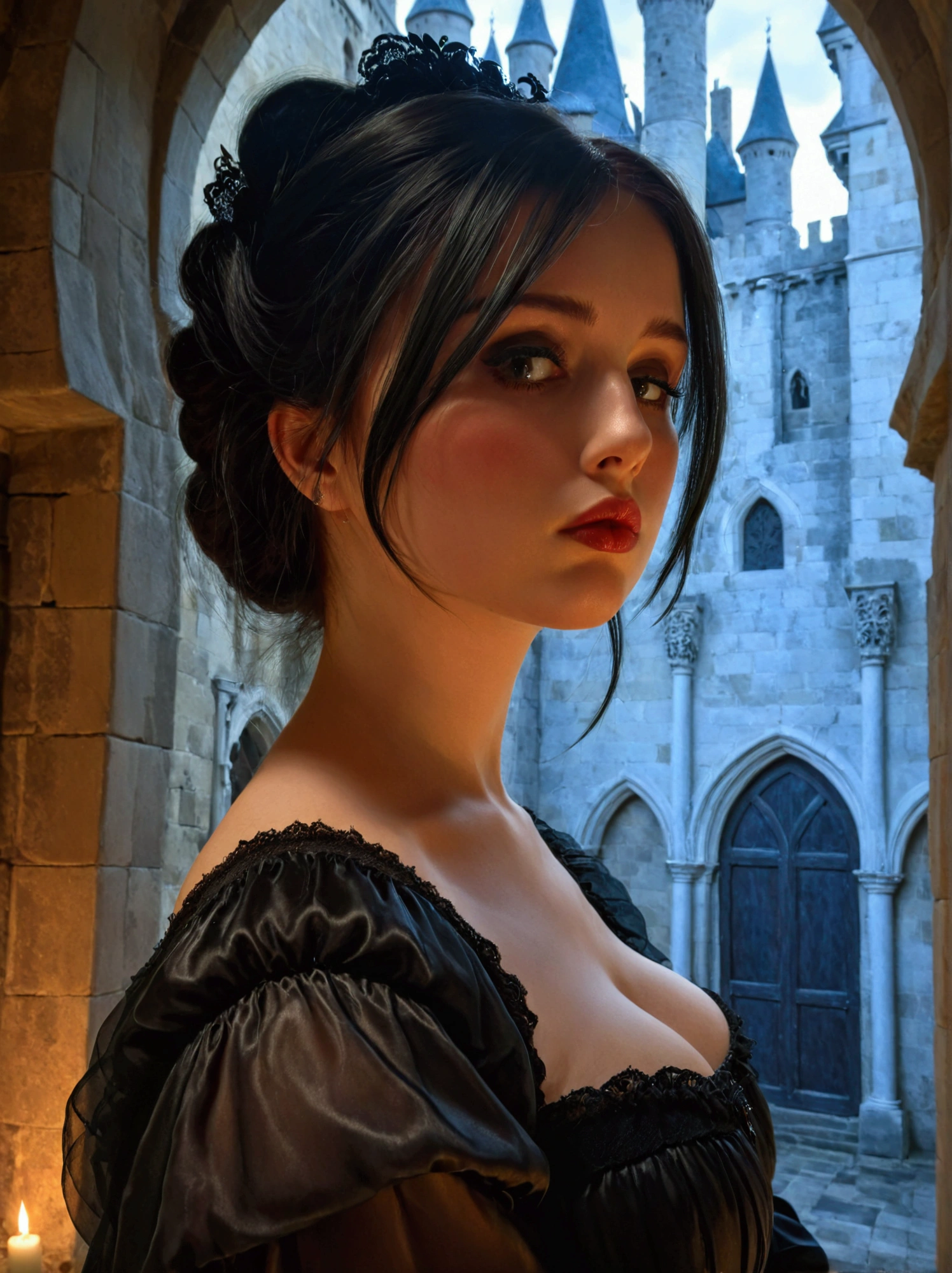 A gothic chubby woman in a black dress in a medieval castle, extremely detailed, oil painting, 8k, cinematic lighting, dramatic shadows, ornate architecture, gloomy atmosphere, moody colors, rich textures, intricate details, elegant pose, intense emotions, dark fantasy, award-winning, close-up, translucent skirt