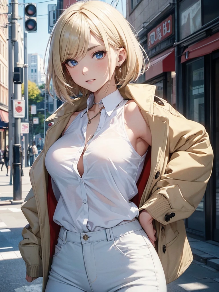 (Solo:1.5),Masterpiece, high quality, 8k, ultra detail, ((luminernd)) ,standing, outdoors, (big breast), (white bra:1.5), (shorts jeans:1.5), smile, (detailed face), (cleavage), (black coat:1.2)