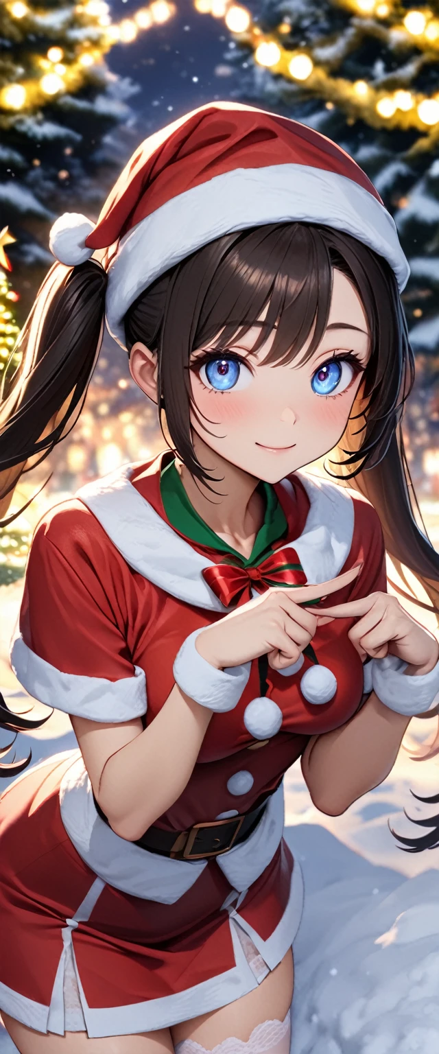 (Shiny navy hair),(Fluffy twin tails with curls:1.2),(Light pink eyes),(With bangs),Slight red tide,(cute smiling face:1.25),(lace-up santa costume:1.4),(Underwear that looks like strings all over the body:1.45),(place々clothes with lace:1.3),(Pin heel pumps),(A night when the moon shines beautifully),(Holy Night),(Snow is piled up),(Colorful and beautiful Christmas illuminations),(Gorgeous Christmas Tree),(🎄),(They're having a good time.:1.25),(A fluffy and fluffy cape is draped over his shoulders.),(lots of christmas presents:1.3),(close up of face:1.5),(Eye size:1.7),(Inside your eyes are shining like stars:1.65),(nsfw:1.3),