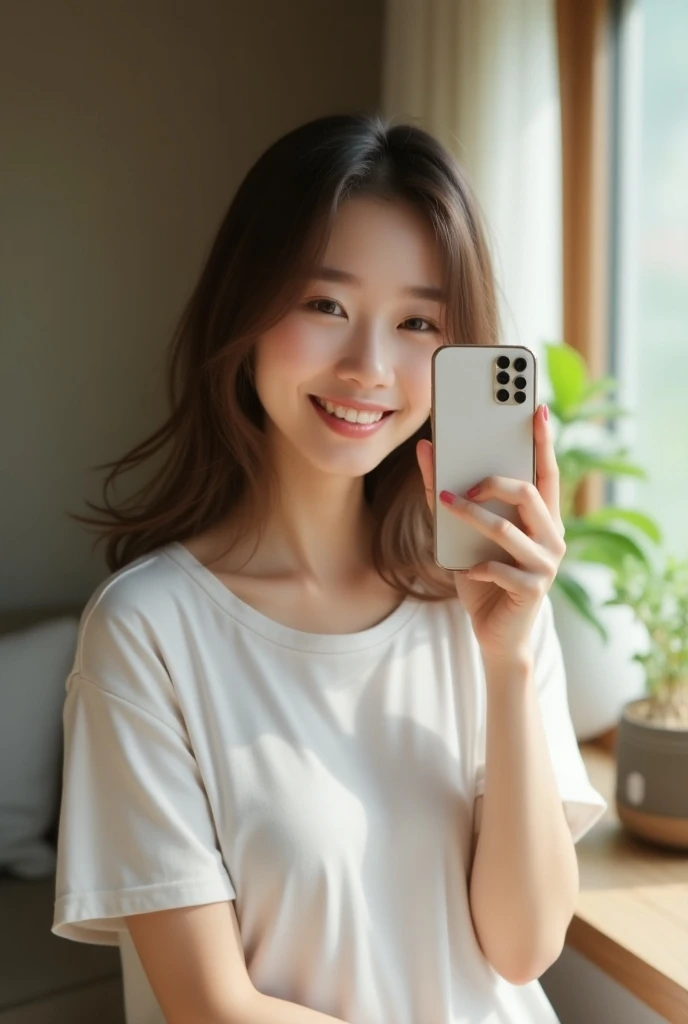 A young girl on the bed taking a selfie with herself