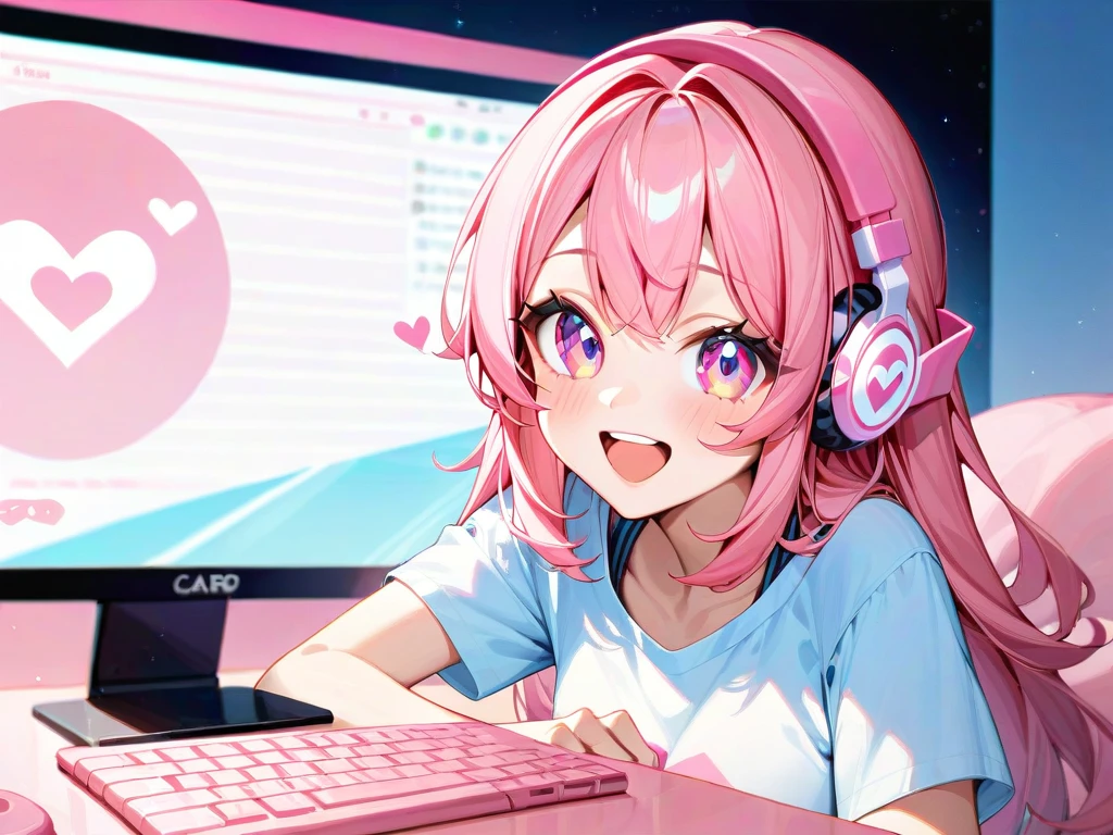  long ash pink hair, Random color eyes,  girl,  happy ,  smaller, cute, Big shirt, pink computer , Gaming, cuteRGBライト, pink headphones , pink computer  ピンクbacground　cute部屋　