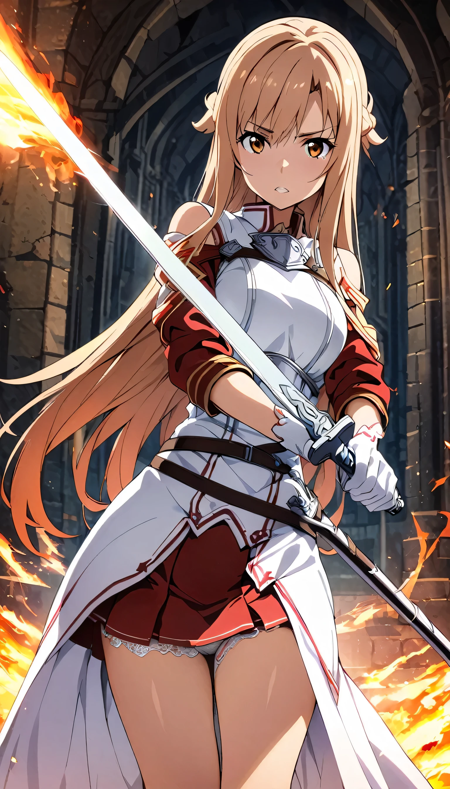 NSFW,((white lace panties)),masterpiece, Top quality ï¼Œ ï¼Œ 1 girl, arms, sword, Alone of, length_hair, Chest, Keep, Keep_arms, Keep_sword, armor, The brown of_hair, Weaving, Knee socks, only_Shoulder, The brown of_Eye, skirt,  sword camera, of_sleeve, sheath, White of_skirt, White of_Knee socks, red of_skirt, separate_Lips, Front hair, shine, fire, Chest, shine_arms, unsheathed, fantasy, skirt, length_sleeve, Gloves, vitality, shine_sword, magic, cowboy_shooting, White of_Gloves, White of_sleeve, Very_length_hair, Standing, Keep_sheath, unsheathing