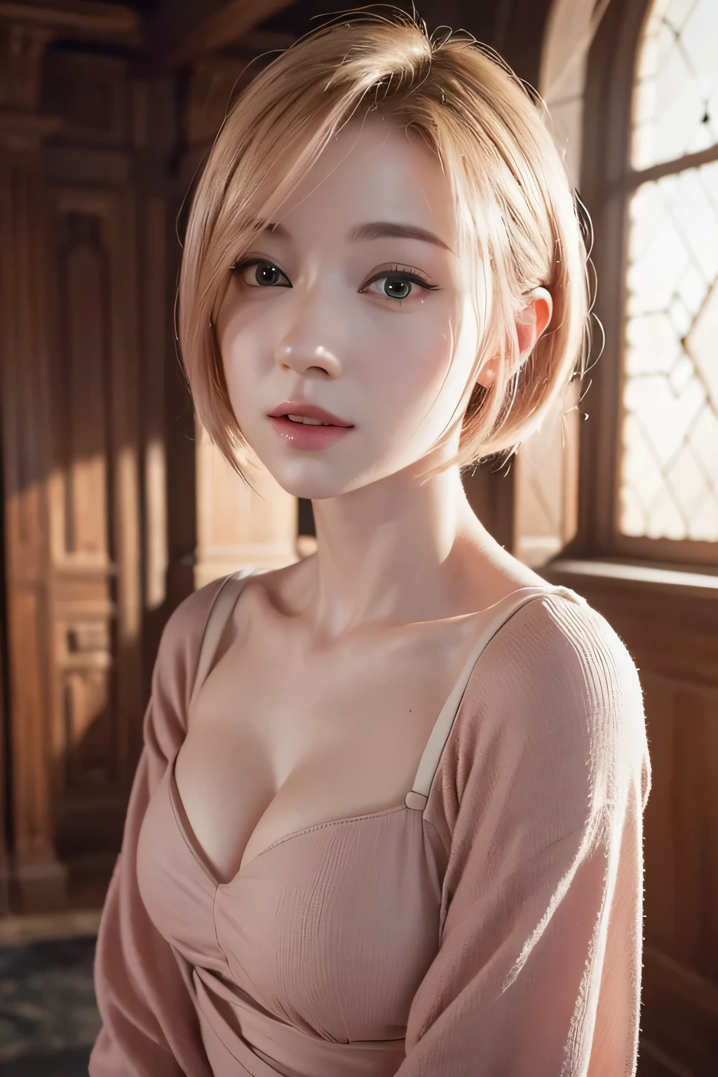 photorealistic medieval woman with a  light pink bob, flat chest, small bust, 8k, medieval palace, A beautiful adult woman with a soft face, perfect brown eyes, detailed face, long eyelashes, wearing modest bard clothes, realistic lighting, dramatic night scene, (best quality,4k,8k,highres,masterpiece:1.2),ultra-detailed,(realistic,photorealistic,photo-realistic:1.37),cinematic,dramatic,moody,warm light, 