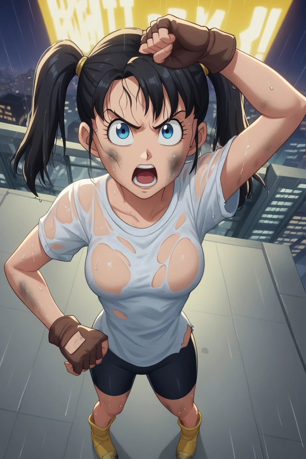 source_anime, score_9, score_8_up, score_7_up, anime screencap,
videldbz, solo, blue eyes, black hair, 1girl, night sky, city skyline, neon, heavy rain, wet clothes, wet hair, arm up, twintails, long shirt, white shirt, purple legwear, yellow footwear, angry, from above, dirty, fingerless gloves, victory pose, teeth, open mouth, brown gloves, barefoot, eyelashes, v-shaped eyebrows, bike shorts, torn clothes, 
