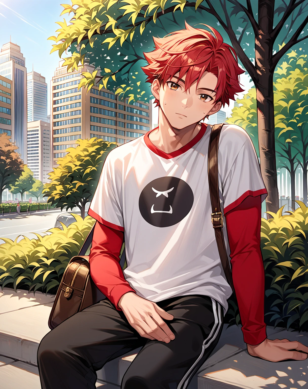 score_9, score_8_up, score_7_up, source_anime {{, cowboy shot, source_anime, outdoors, city, park, colorful, vibrant, looking at viewer, solo, sitting on ledge}} male, mikoshiba mikoto, crimson hair, sweatpants, oversized shirt, satchel, head tilt.
