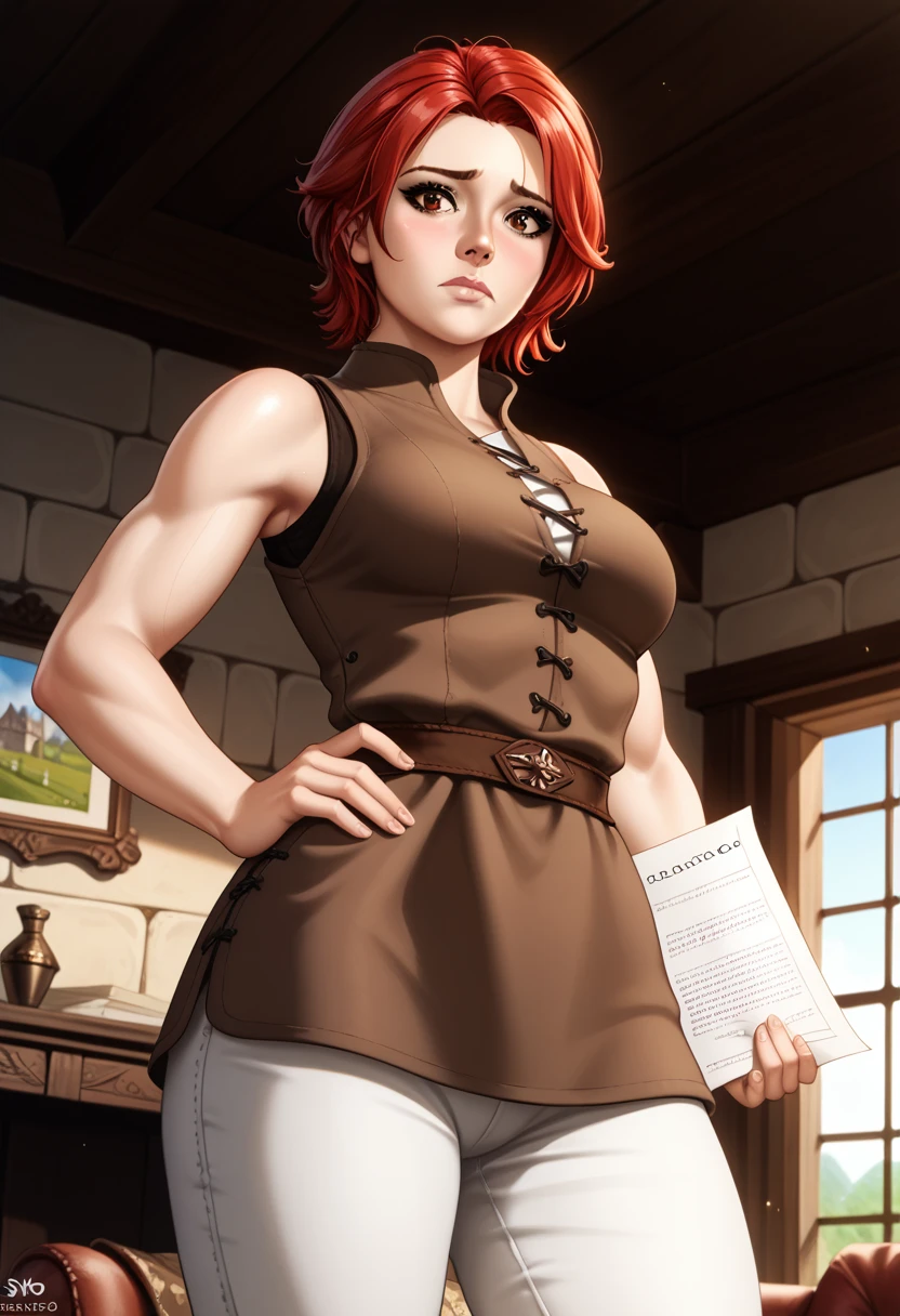 {{cowboy shot, dutch angle, from below}} {{Artist: Sincos}} 1girl, solo, toned female, mature female, medium breasts, red hair, short hair, brown eyes, lips, brown tunic, black undershirt, sleeveless, white pants, worried, closed mouth, indoors, living room, holding paper, looking at viewer, standing, day, medieval fantasy.