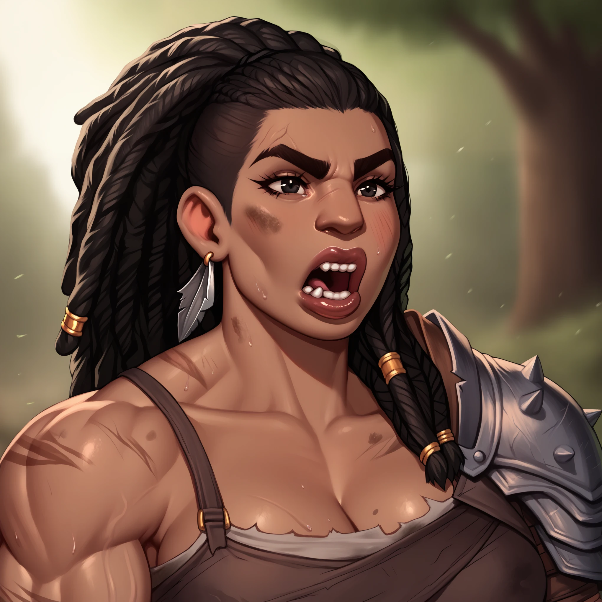 (((beautiful, high quality, detailed face))), score_9, score_8_up, score_7_up, BREAK, giant, a female barbarian:1.3, high stature, big nose:1.2, dark hair, dreadlocks, (((massive muscular))), ((wide shoulder)), chubby, big lips, ugly face, tanned skin, ((bushy eyebrows)), small black eyes, solo, portrait, upper body, portrait, facing viewer, Screaming, bearing teeth, angry, fury expression, ((dirty)), fantasy outside, blurred background, Expressiveh, detailxl