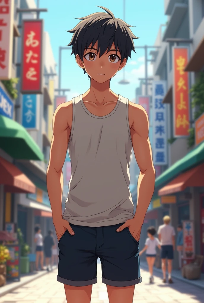 Shirtless Man、front slightly diagonal、whole body、Thin macho、