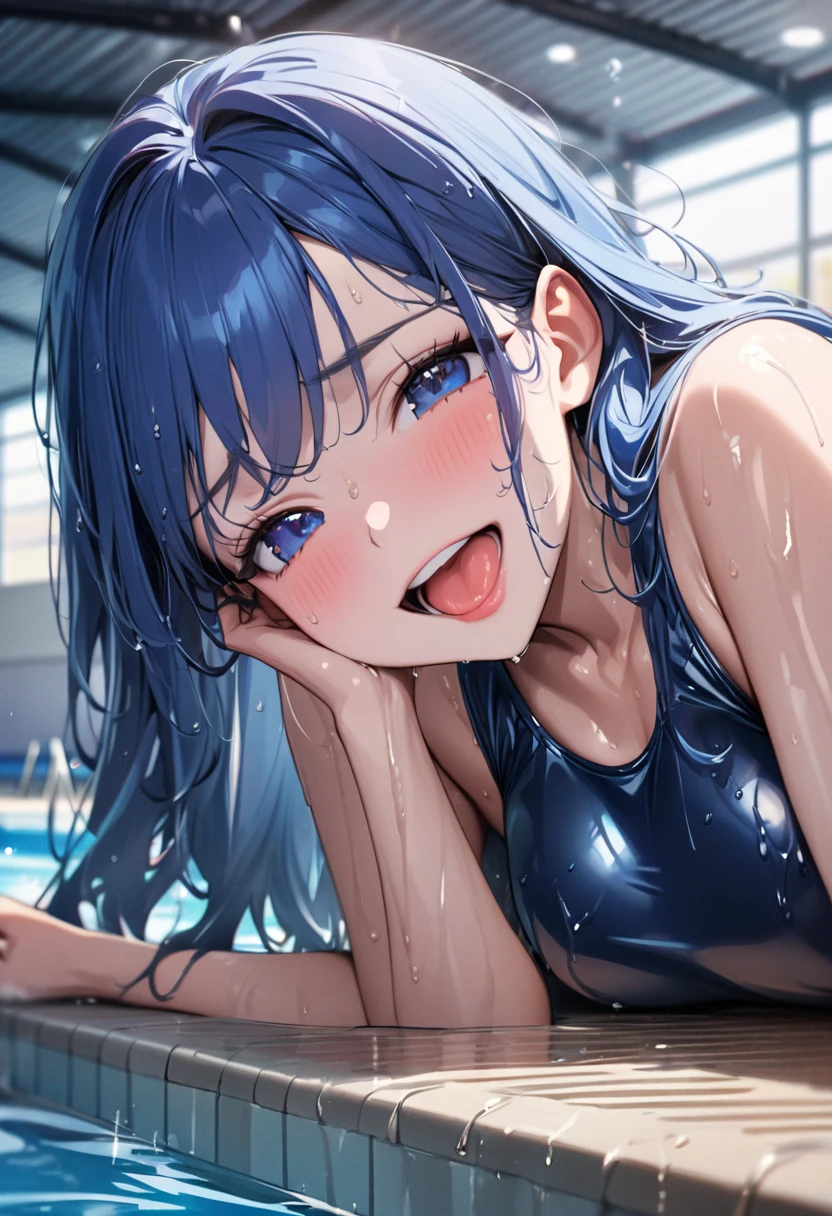 Unity 16K Wallpaper, Masterpiece, Best Quality, Ultra-Detailed, Extremely Detailed CG, Caustics, Cinematic Lighting, Detailed, Beautiful Detailed Eyes, 1 girl, (school swimsuit, saliva:1.3, blush, Heart mark around the head:1.3, small face, cry, pool), sweaty, blue hair, short hair, model posing
