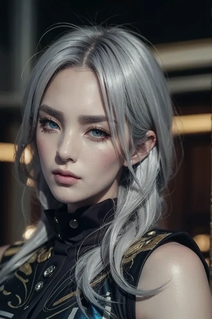 beautiful woman of the phoenix galaxy, silver hair color, sexy clothing, detailed face and eyes, cinematic lighting, vibrant colors, intricate details, photorealistic, 8k, highly detailed, masterpiece, fantasy art