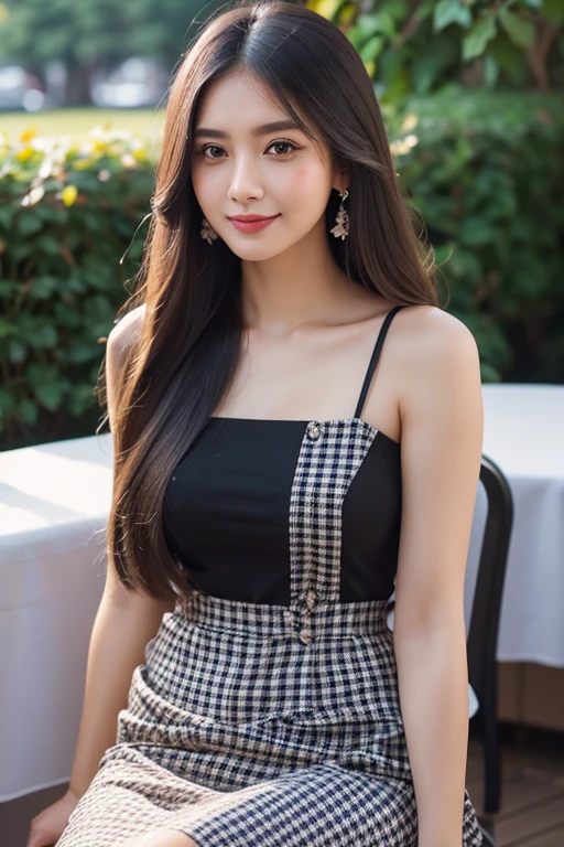 Beautiful girl looking at the viewer ,Wear a dark brown checkered dress, a tight-fitting skirt.,, clear white skin, soft cheeks, Smiling charmingly, seeing ,Sharp face, Brown eyes , Sitting in a cafe in a rose garden
Medium chest , earring, Long straight hair, gray hair 