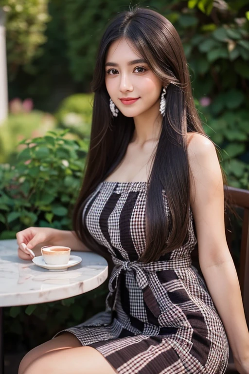 Beautiful girl looking at the viewer ,Wear a dark brown checkered dress, a tight-fitting skirt.,, clear white skin, soft cheeks, Smiling charmingly, seeing ,Sharp face, Brown eyes , Sitting in a cafe in a rose garden
Medium chest , earring, Long straight hair, gray hair 