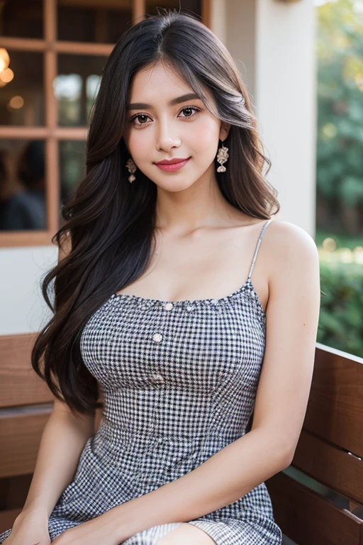 Beautiful girl looking at the viewer ,Wear a dark brown checkered dress, a tight-fitting skirt.,, clear white skin, soft cheeks, Smiling charmingly, seeing ,Sharp face, Brown eyes , Sitting in a cafe in a rose garden
Medium chest , earring, Long straight hair, gray hair 