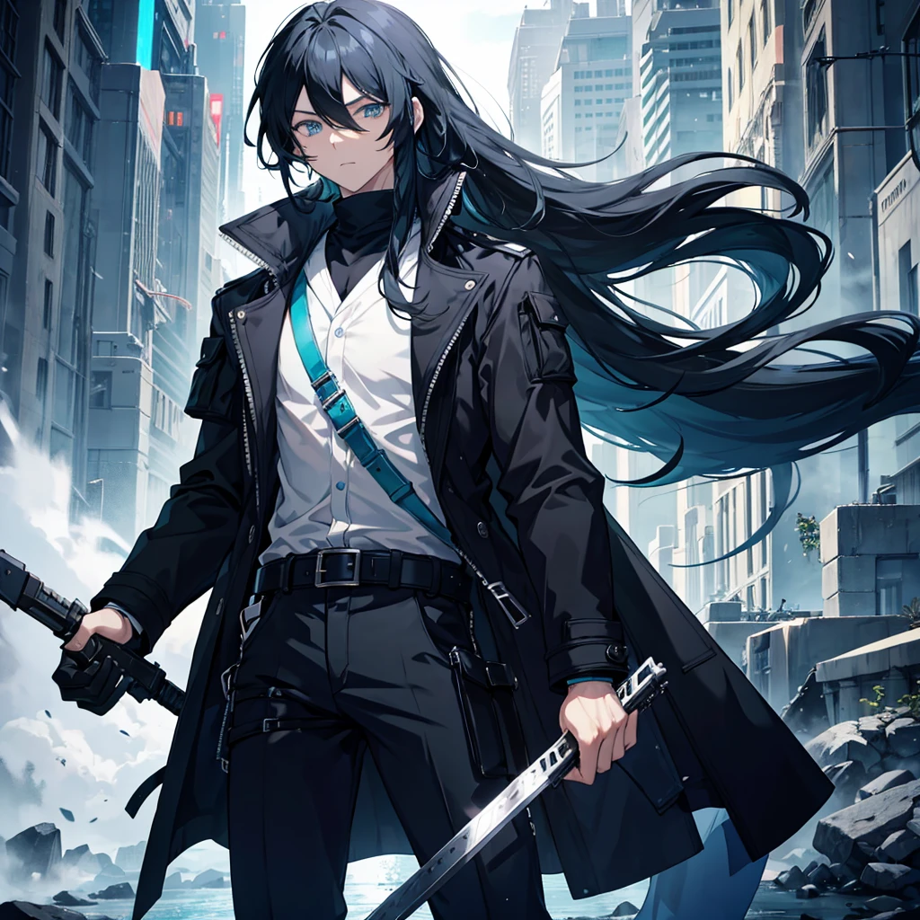 black hair, long hair, straight hair, male, man, blue eyes, tall, wiry, man, aqua eyes, athletic, coat, pants, gloves, belt, gunblade user, Solo, fantasy