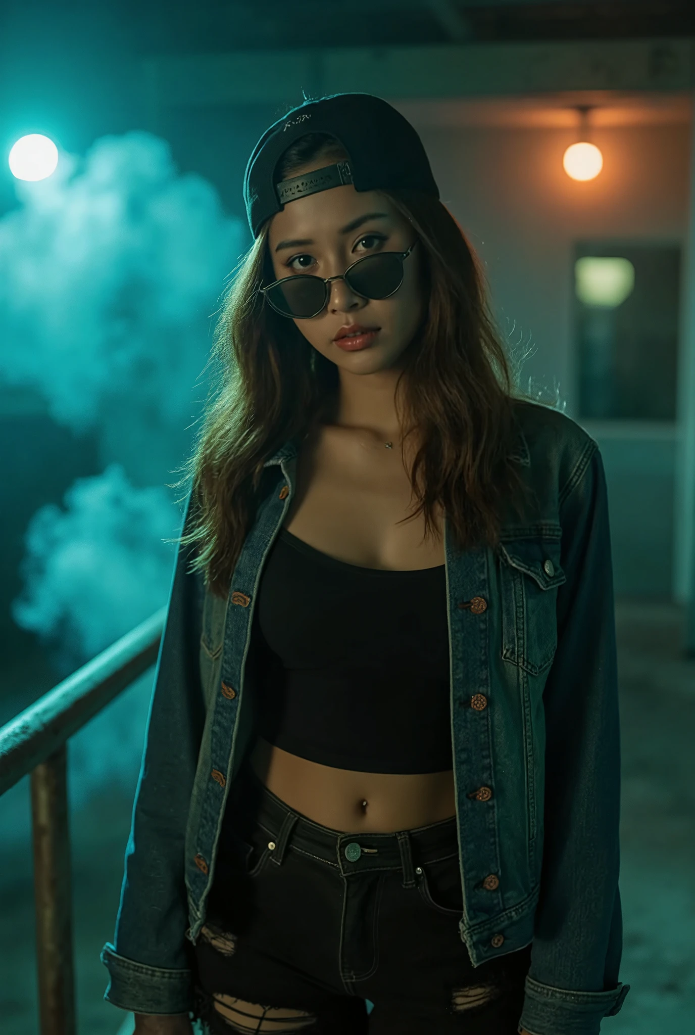 A portrait of a Thai woman with an intense expression, wearing a black backwards cap and sunglasses. She is dressed in a denim jacket over a black wide-neck shirt, paired with black jeans that are ripped just above the knees. Standing in abandoned skyscraper, she looks sideways with a dreamy, cinematic gaze. Sunlight filters down, illuminating parts of her face. The image features a cinematic, muted color palette with teal and orange tones, creating a dark, moody atmosphere. The lighting is soft and subdued, casting deep shadows and highlights on her face. A slight haze of smoke drifts through the background, blurred with a faint blue-green tint, adding a mysterious and dramatic feel to the image. The overall style evokes a gritty, raw look, like a scene from a psychological thriller film, captured on 35mm film with ISO 800. The shot is a wide-angle.
