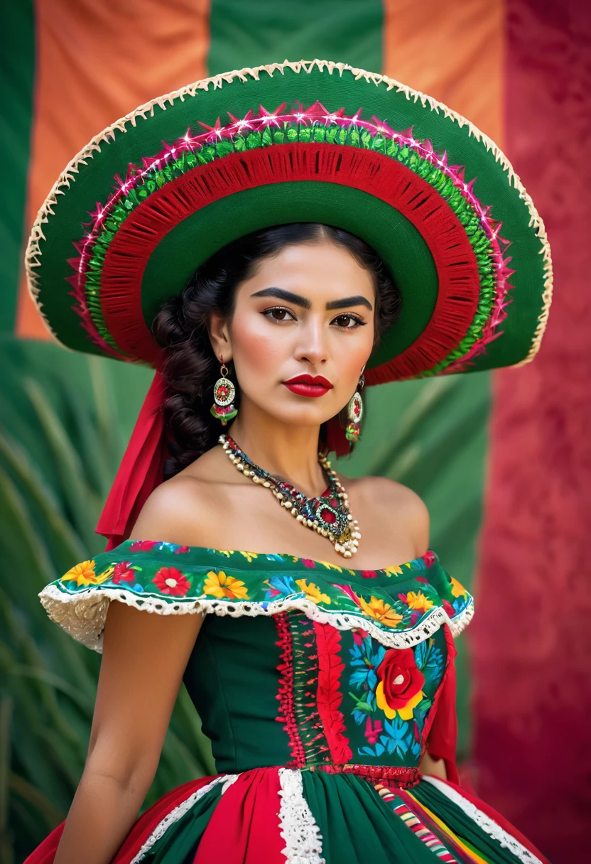 las soldadoras, adelita, seductive look, seduction, biting half of his lips, Mujer Araffe con un vestido Mexicano y Sombrero, Hermosa mujer Mexicana, Ella es Mexicana, Folclore Mexicano, Hermosa mujer Mexicana bronceada, Mexican, Aztec princess portrait, wear hat, Guerrero Mexicano, Portrait shot, Dress and makeup of the Mexican revolution, a rifle, Wear an ornate outfit, inspired by Frida Kahlo, Stunning woman, Aztec queen, staring at the camera, Coy smile, Beautiful body "extremely high quality high detail RAW color photo, photographic, photo, woman dancing with fashion makeup, fashion photo, mexican , fairytale background, magazine, alexander McQueen outfit, mexican white, green and red dress, Mexico flag, green, white and red fireworks green, white and red, \n"